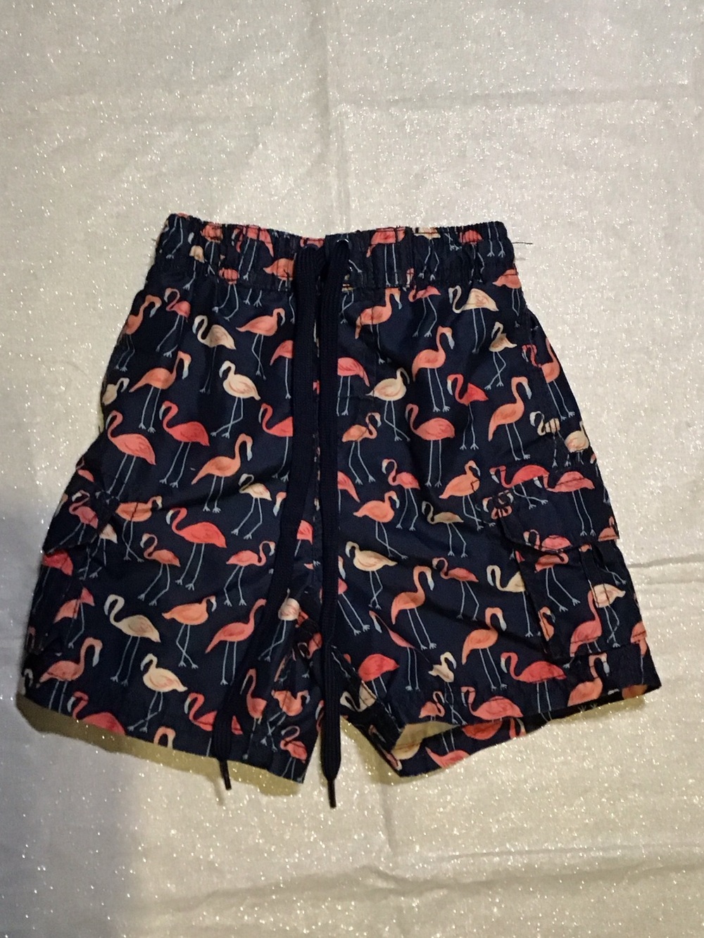 Kids Navy Flamingo Print Swim Trunks with Drawstring